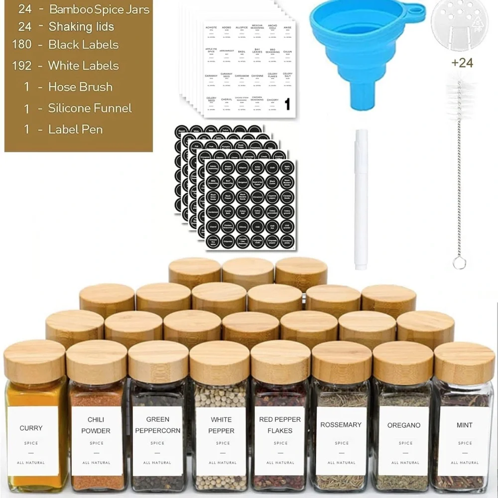 Bamboo Lid Spice Jar Set with Labels